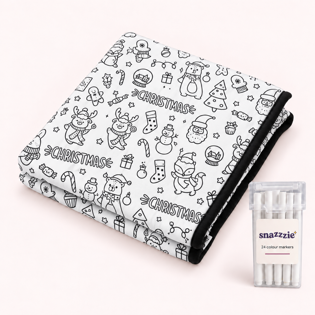 Christmas uncoloured black-and-white coloring blanket with a case of 24 markers