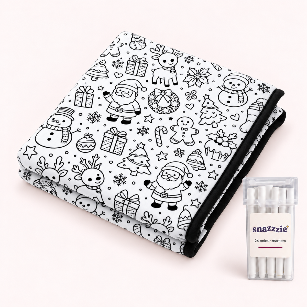Merry Friends uncoloured black-and-white coloring blanket with a case of 24 markers