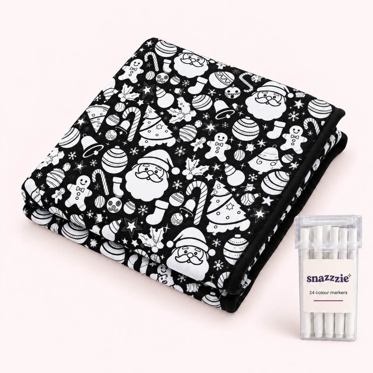 Midnight Christmas uncoloured black-and-white coloring blanket with a case of 24 markers